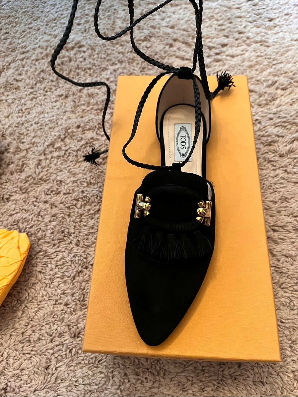 Tod's Black Suede Pointed Tassel Loafer with Gold Accents